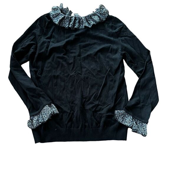 Womens August Silk Blend Snow Leopard Ruffle Collar Sweater Sz XL Black - Picture 2 of 5